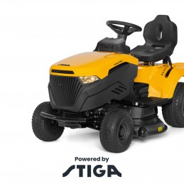 Traktor Stiga Tornado 398 M sfotografowany z przodu i z lewej strony, duże opony, masywna konstrukcja